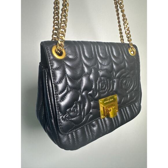 Michael Kors Vivianne Medium Quilted Rose-Embroidered Leather Shoulder  - Black - Picture 3 of 8